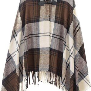 Women's Vintage Plaid Knitted Tassel Poncho Shawl Cape Button Cardigan